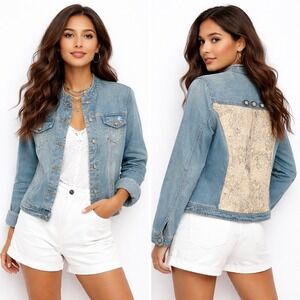 Chico's‎ Women Denim Embellished Beaded Silk Applique Jacket Sz 2 L Boho Western